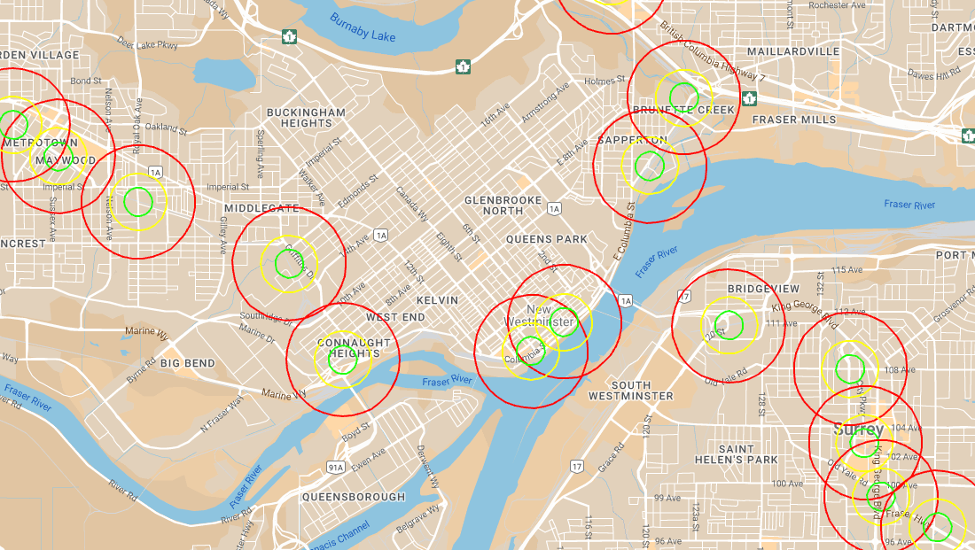 A map shows New Westminster, southeast Burnaby, northwest Surrey and a sliver of southwest Coquitlam. On the map are red circles, with smaller yellow and green circles inside of them at each transit station. The red circles cover a large area of New Westminster, especially around Sapperton, Downtown and the West End/Connaught Heights.